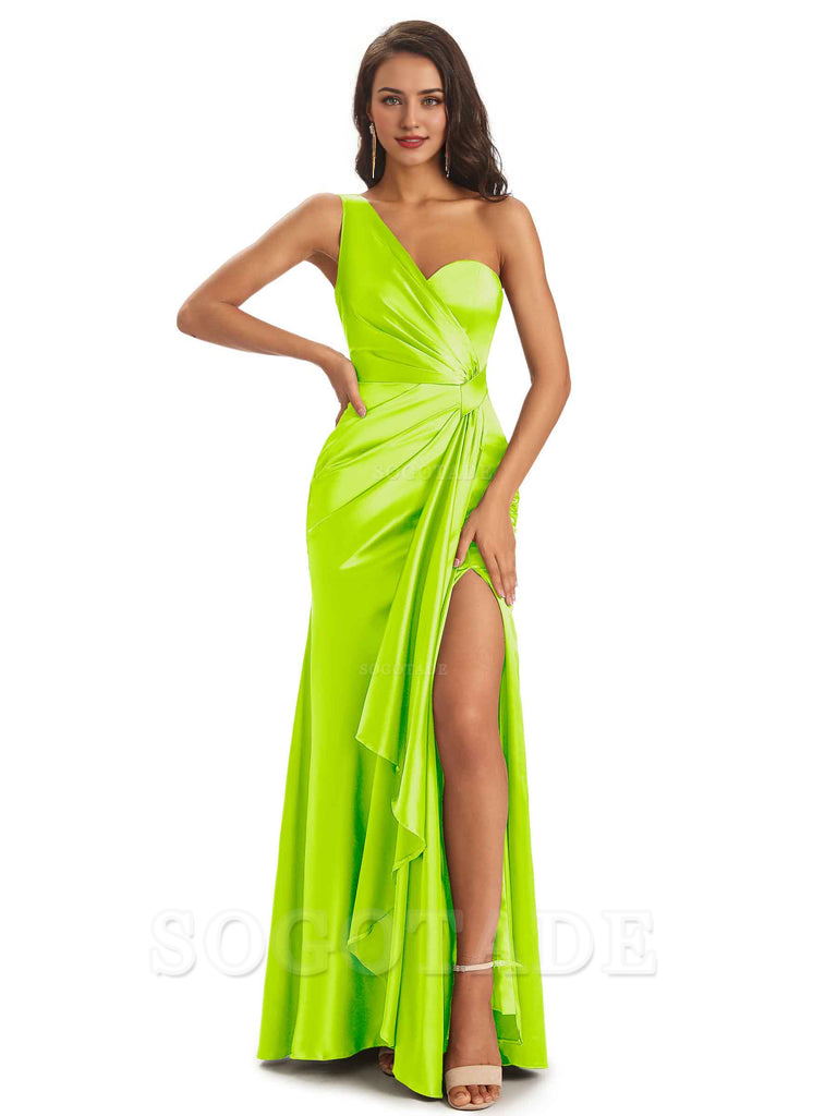 Elegant Soft Satin Side Slit One Shoulder Unique Mermaid Bridesmaid Dresses Online prom dresses shops