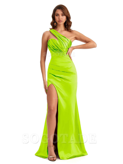 Sheath One shoulder Satin formal dresses evening gown Bridesmaid Dresses With Side Slit 