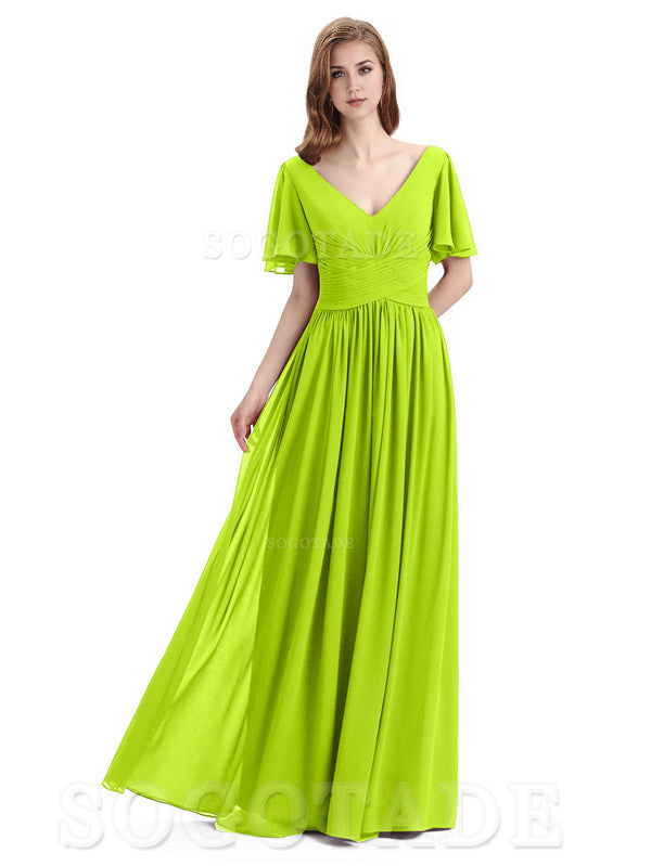 A-Line Chiffon Short Sleeves Elegant Floor-Length Bridesmaid Dresses Formal Women's Dresses Wedding Guests Dresses