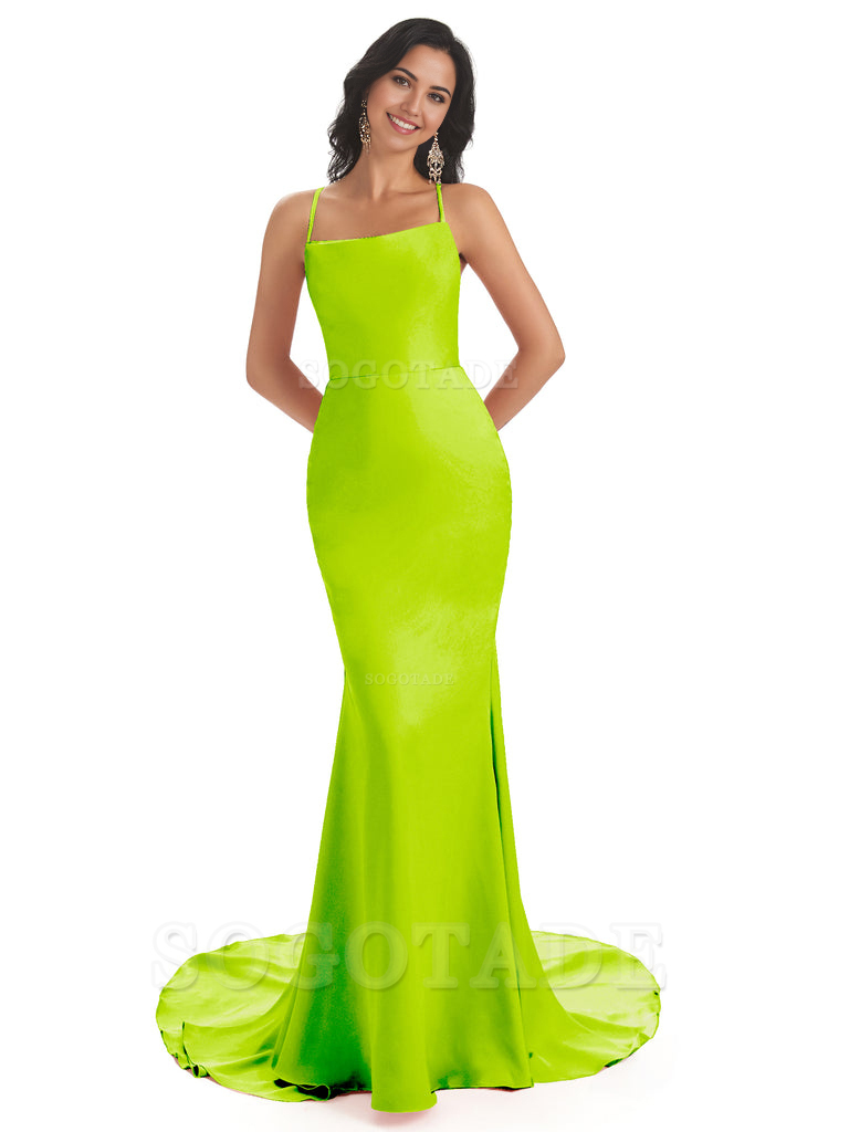 Mermaid Spaghetti Backless Straps Satin Long formal dresses evening gown Bridesmaid Dresses
