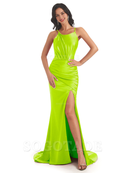 Sexy Soft Satin Spaghetti Straps Side Slit Mermaid Bridesmaid Dresses Formal Women's Dresses Wedding Guests Dresses