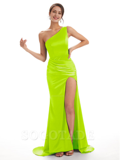 Sexy Soft Satin Side Slit One Shoulder Long Mermaid Bridesmaid Dresses Online prom shop dresses ﻿