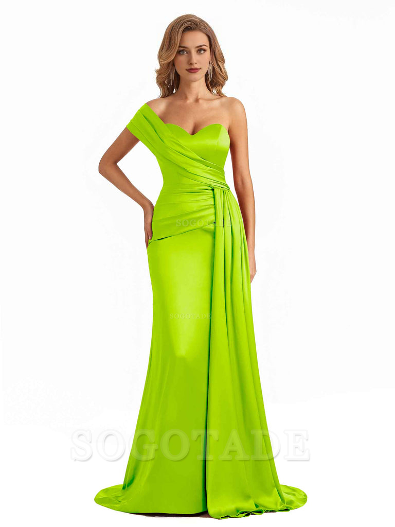 Elegant One Shoulder Soft Satin Long Mermaid Bridesmaid Dresses Online prom shop dresses ﻿