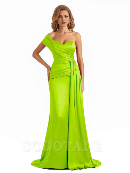 Elegant One Shoulder Soft Satin Long Mermaid Bridesmaid Dresses Online prom shop dresses ﻿