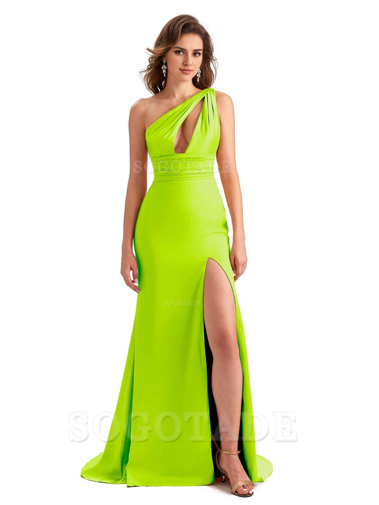 Charming Sexy Unique Side Slit Mermaid Silky One Shoulder Long Bridesmaid Dresses Formal Women's Dresses Wedding Guests Dresses