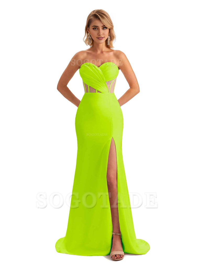 Sexy Sweetheart Strapless Side Slit Mermaid Soft Satin Unique Long Bridesmaid Dress For Wedding