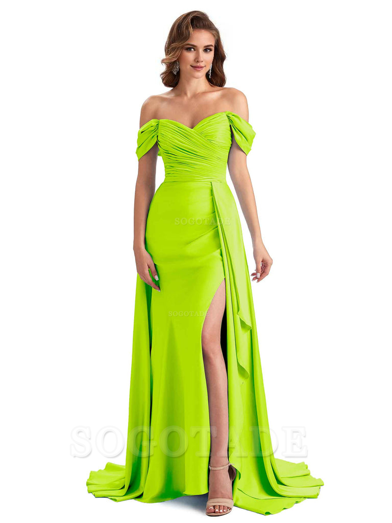 Sexy Side Slit Mermaid Soft Satin Off The Shoulder Long Unique Bridesmaid Dresses prom dress in store