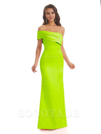 Soft Satin Sexy Side Slit One Shoulder Long Mermaid Bridesmaid Dresses Online prom dress in store