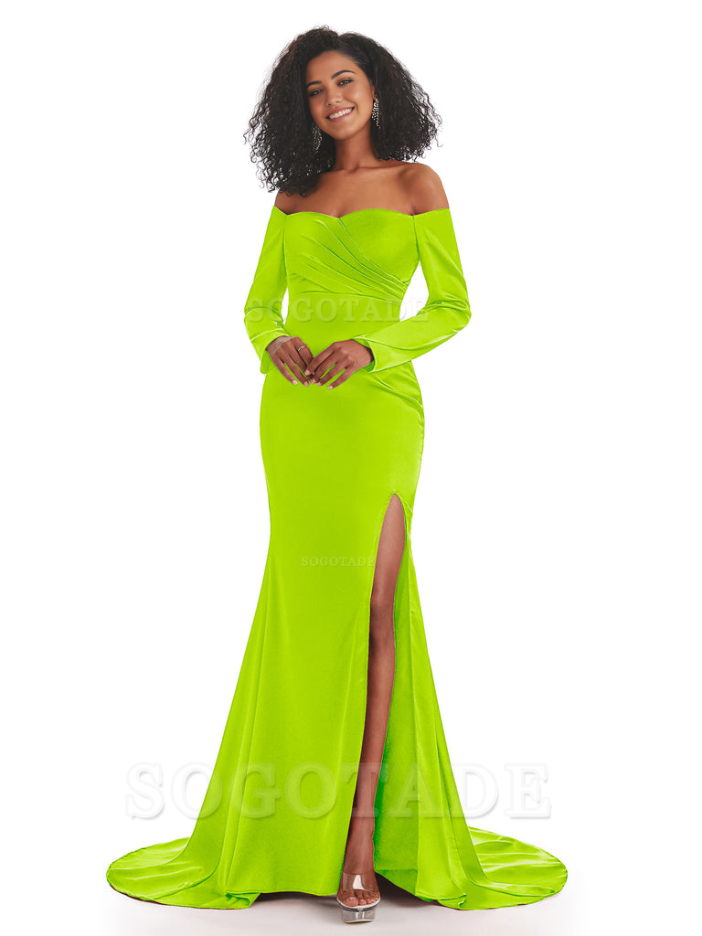 Mermaid Long Sleeve Satin formal dresses evening gown Bridesmaid Dresses With Side Slit 