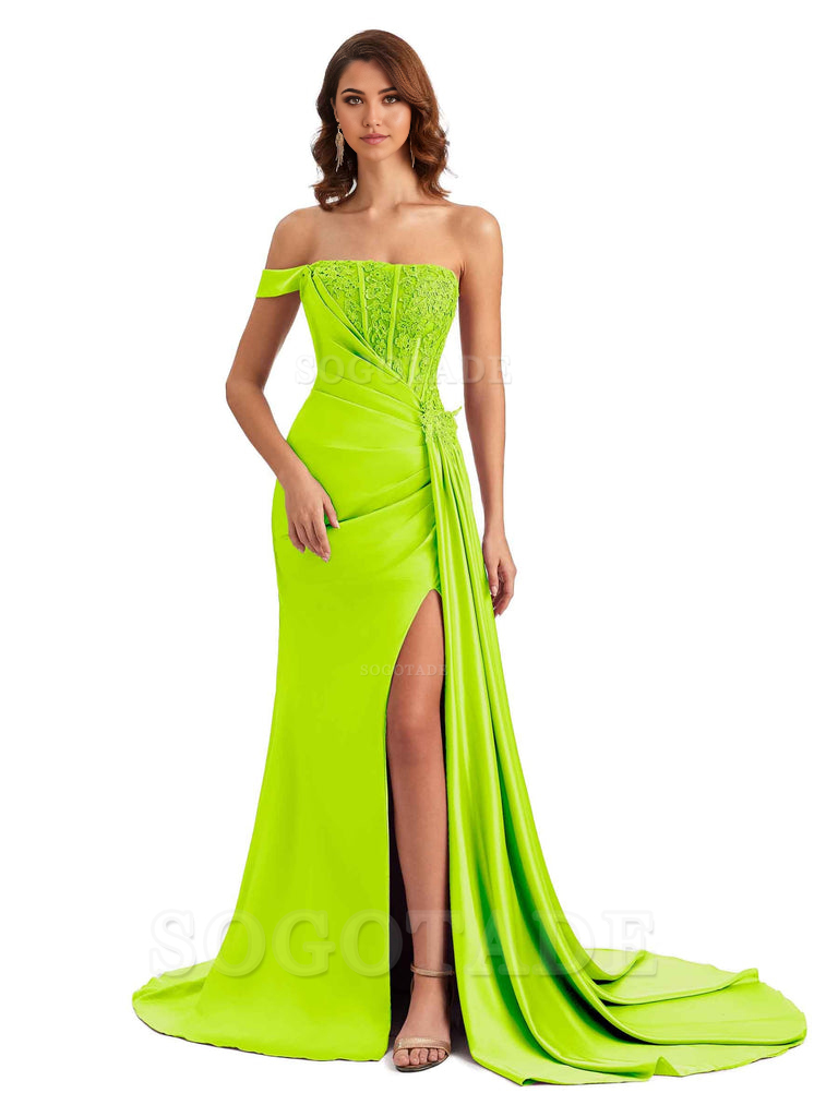 Mermaid Off Shoulder Applique formal dresses evening gown Bridesmaid Dresses With Side Slit 