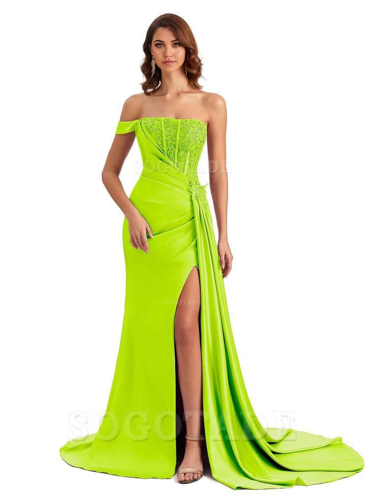 Mermaid Off Shoulder Applique formal dresses evening gown Bridesmaid Dresses With Side Slit 