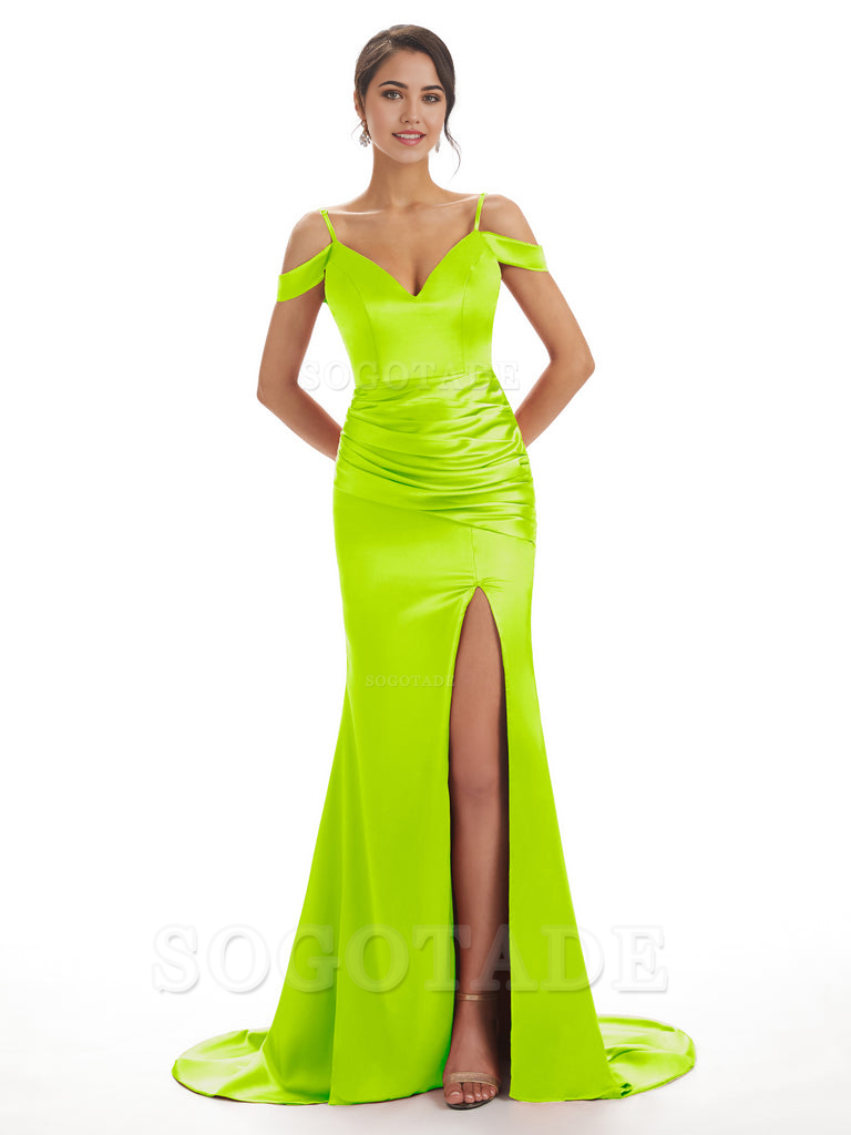 Mermaid Off The Shoulder Satin formal dresses evening gown Bridesmaid Dresses With Side Slit 