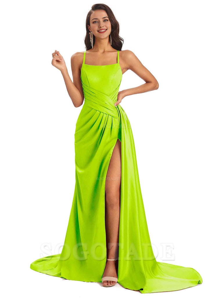 Sexy Soft Satin Side Slit Spaghetti Straps Long Maxi Bridesmaid Dresses prom shop dresses