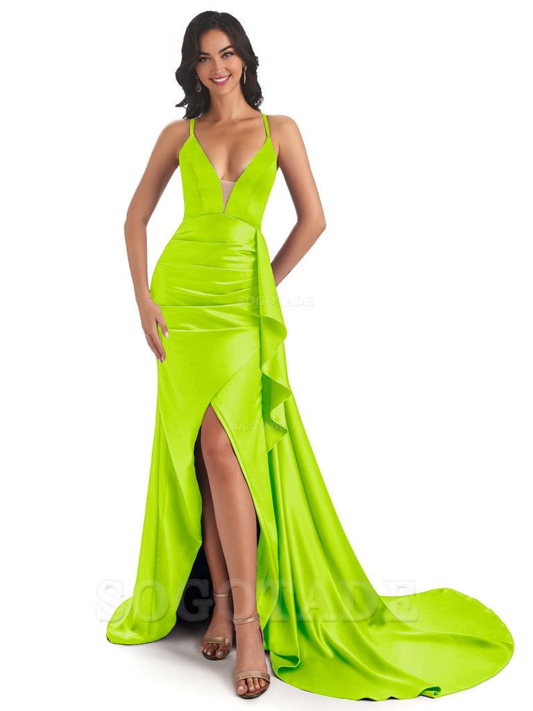 Sexy Spaghetti Straps Soft Satin Side Slit Pleats Unique Mermaid Bridesmaid Dresses prom shop dresses ﻿