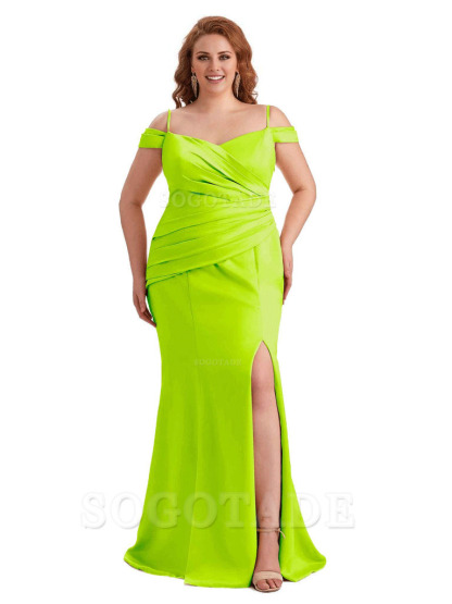 Elegant Cold Shoulder Side Slit Mermaid Soft Satin Long Plus Size Bridesmaid Gowns