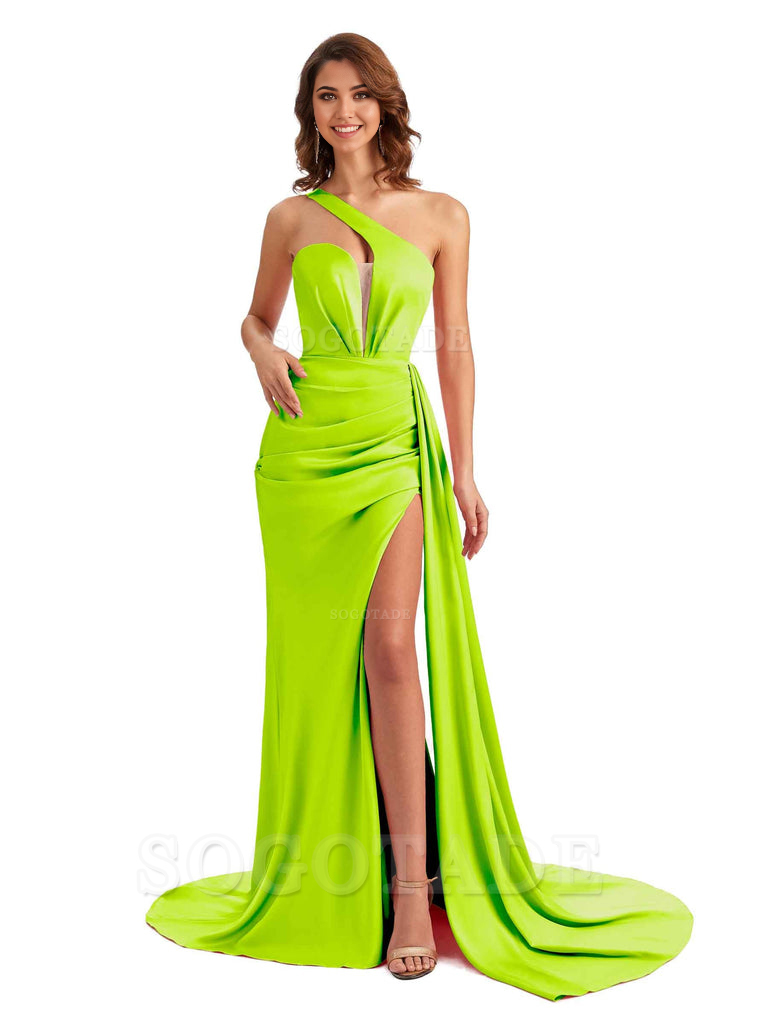 Mermaid One Shoulder Satin formal dresses evening gown Bridesmaid Dresses With Side Slit