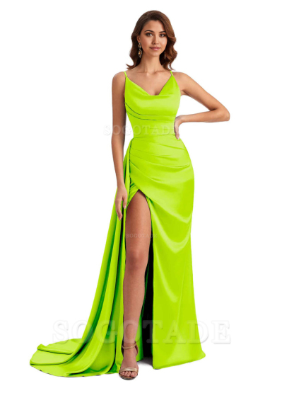 Mermaid Cowl Spaghetti Satin formal dresses evening gown Bridesmaid Dresses With Side Slit