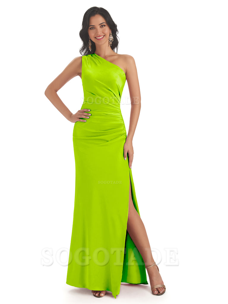 Mermaid One Shoulder Satin formal dresses evening gown Bridesmaid Dresses With Side Slit 