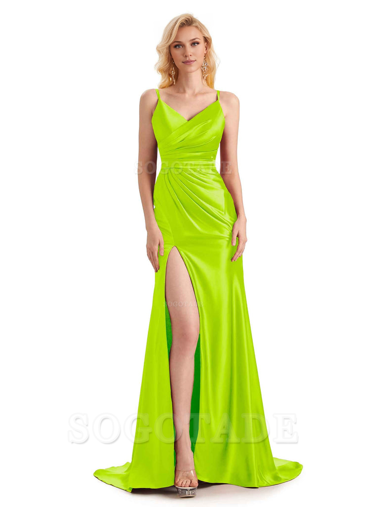 Sexy Charming Side Slit V-Neck Pleated Spaghetti Straps Backless Satin Bridesmaid Dresses Formal Women's Dresses Wedding Guests Dresses