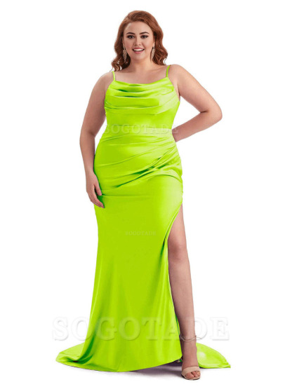 Sexy Jewel Side Slit Mermaid Soft Satin Long Plus Size Bridesmaid Dress For Wedding