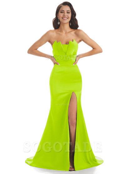 Mermaid sleeveless Satin formal dresses evening gown Bridesmaid Dresses With Side Slit 