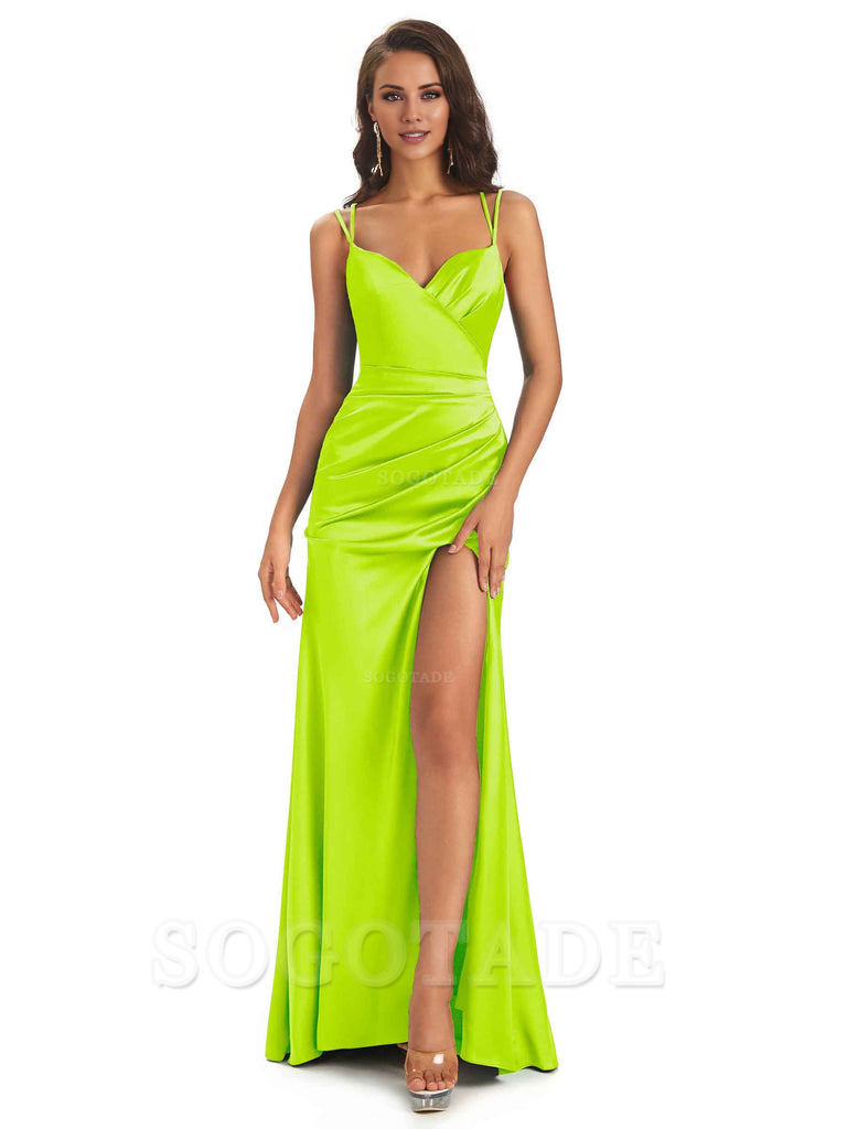 Sexy Soft Satin Side Slit Spaghetti Straps Long Maxi Mermaid Bridesmaid Dresses Elegant Evening Party Dress