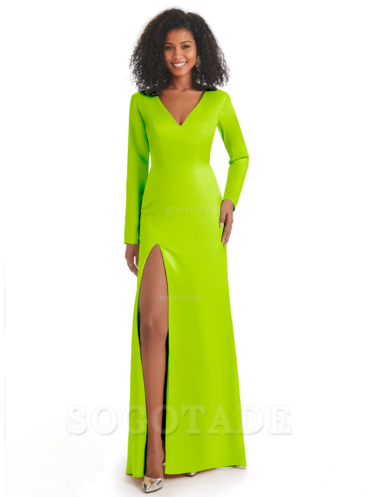 Soft Satin Side Slit Long Sleeves V-Neck Long African Mermaid Bridesmaid Dresses Elegant Evening Party Dress