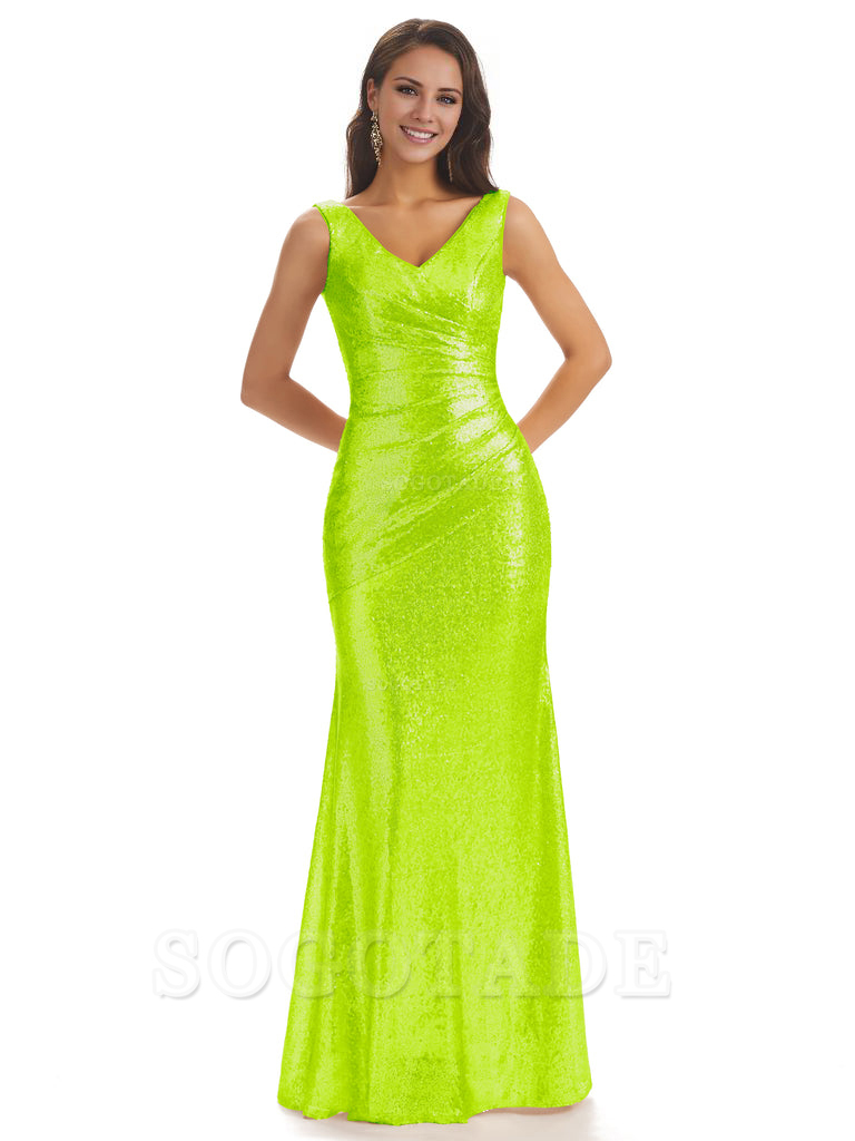 Sexy Sequin V-Neck Sparkly Long Mermaid Bridesmaid Dresses Charming Evening Party Dress