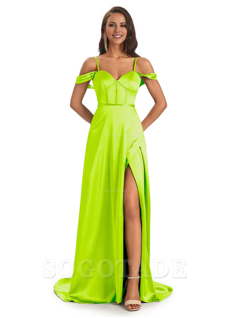 Stylish Soft Satin Side Slit Spaghetti Straps Bridesmaid Dresses Elegant Evening Party Dress
