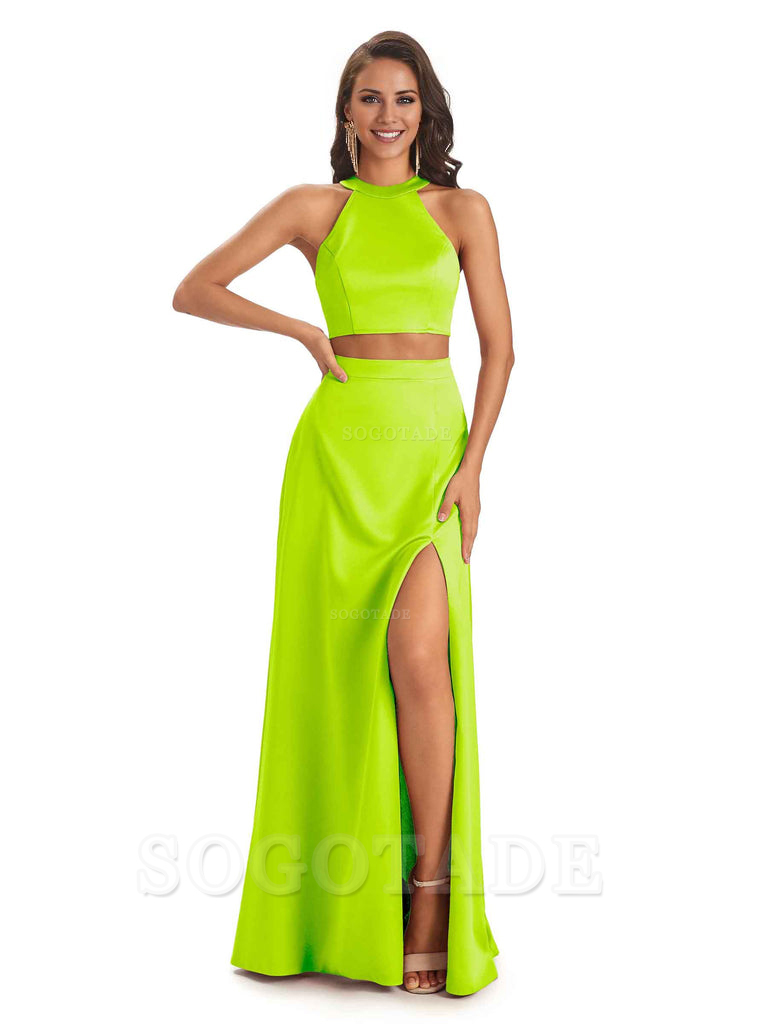 Soft Satin Two-Pieces Halter Side Slit Sexy Fashion Bridesmaid Dresses Charming Evening Party Dress