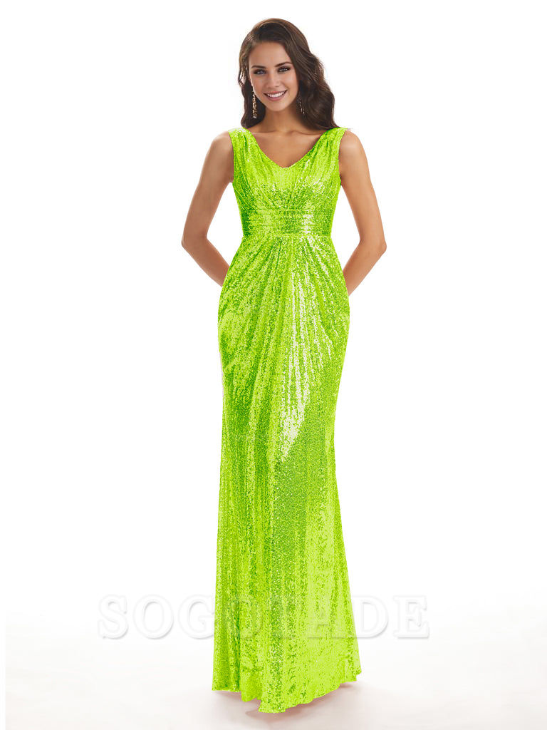 Sparkly V-Neck Sequin Long Mermaid Bridesmaid Dresses Sleeveless Charming Evening Party Dress