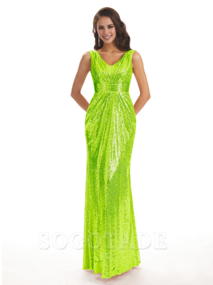 Sparkly V-Neck Sequin Long Mermaid Bridesmaid Dresses Sleeveless Charming Evening Party Dress
