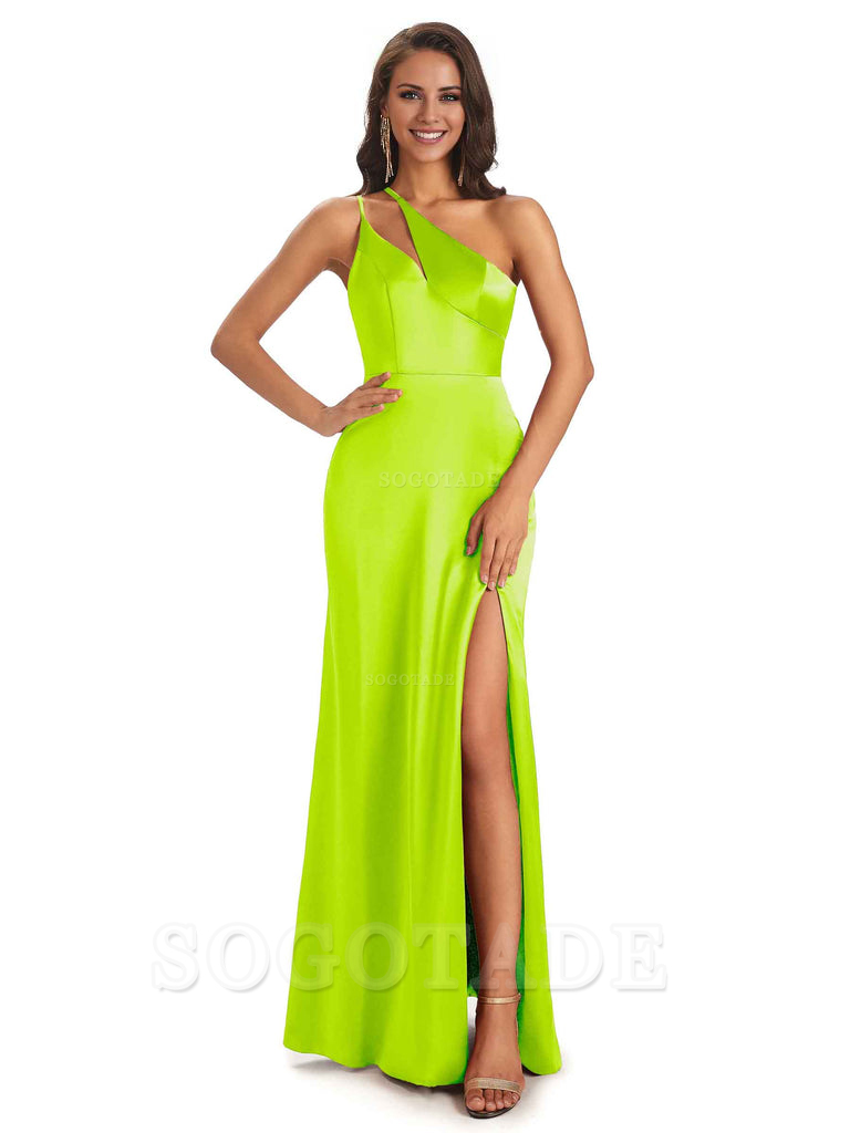 Sexy Soft Satin Side Slit One Shoulder Floor-Length Mermaid Long Bridesmaid Dresses Elegant Evening Party Dress
