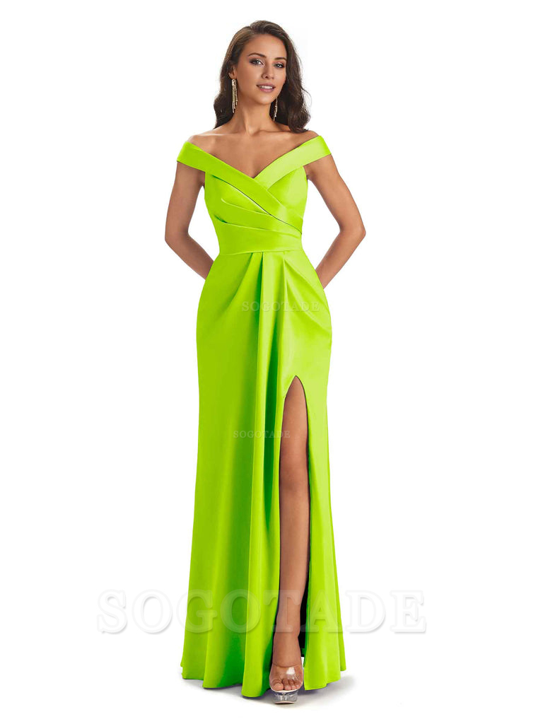 Sexy Soft Side Slit Off Shoulder V-Neck Long Satin Ladies Bridesmaid Dresses Elegant Evening Party Dress
