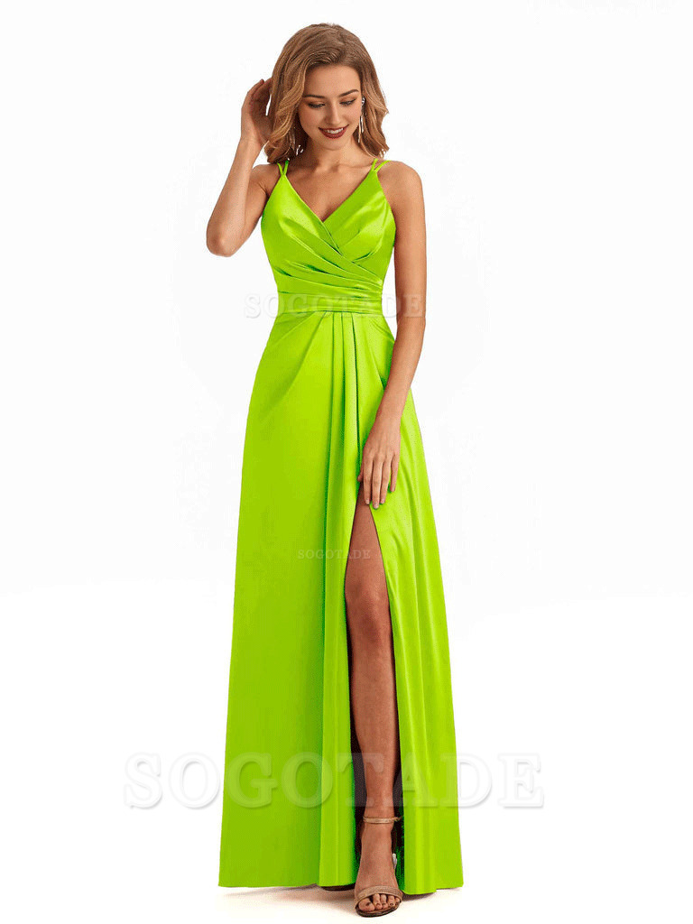 Soft Satin A-Line Spaghetti Straps V Neck Side Slit Maxi Long Bridesmaid Dresses
