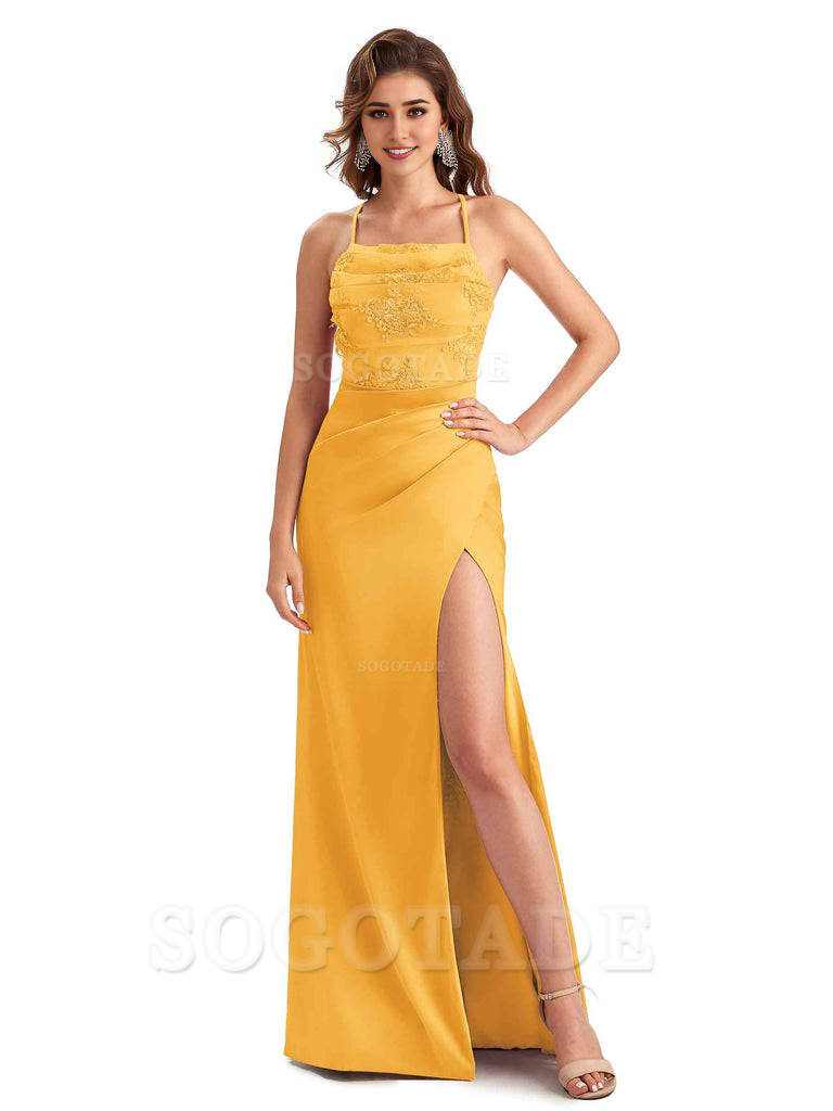 Sexy Side Slit Mermaid Lace Silky Satin Long Wedding Day Guest Dresses