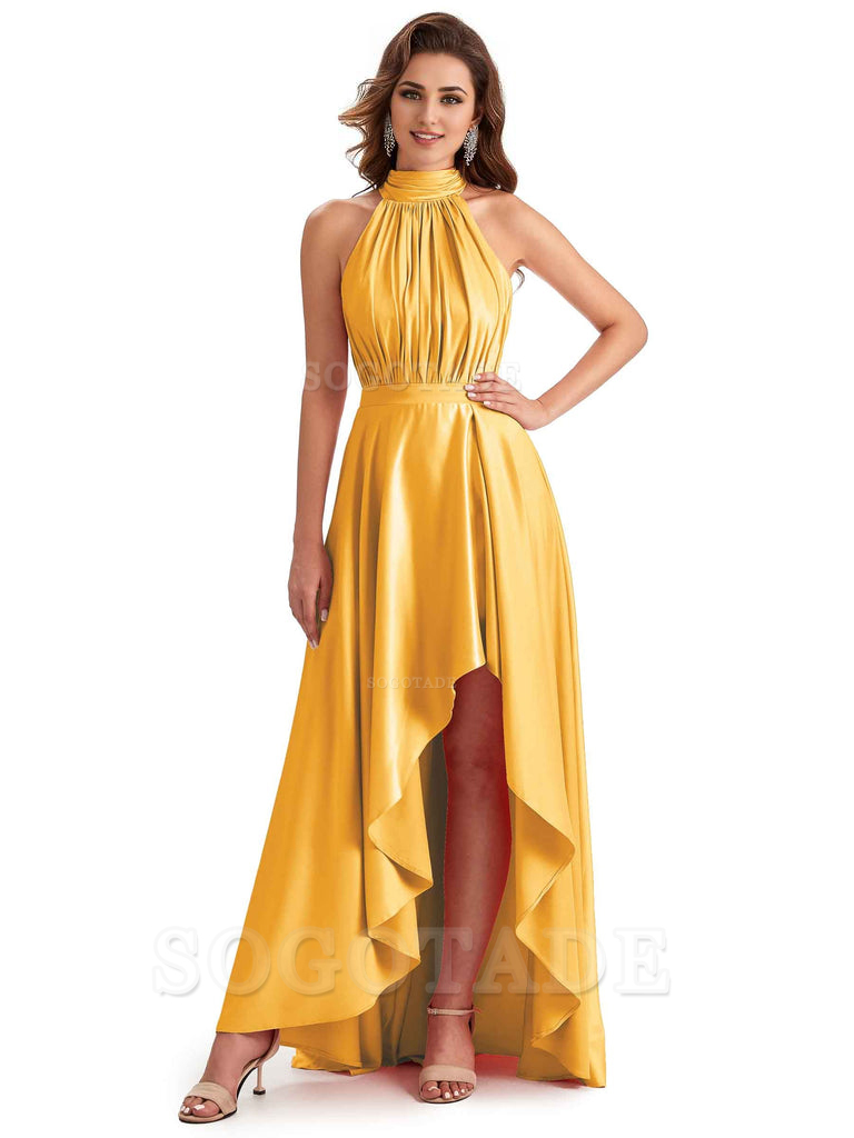 Soft Satin High Neck High Low A-Line Unique Bridesmaid Dresses Online