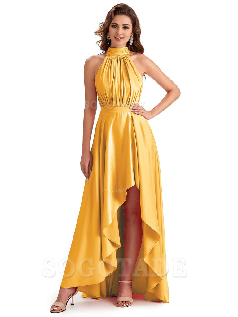 Soft Satin High Neck High Low A-Line Unique Bridesmaid Dresses Online