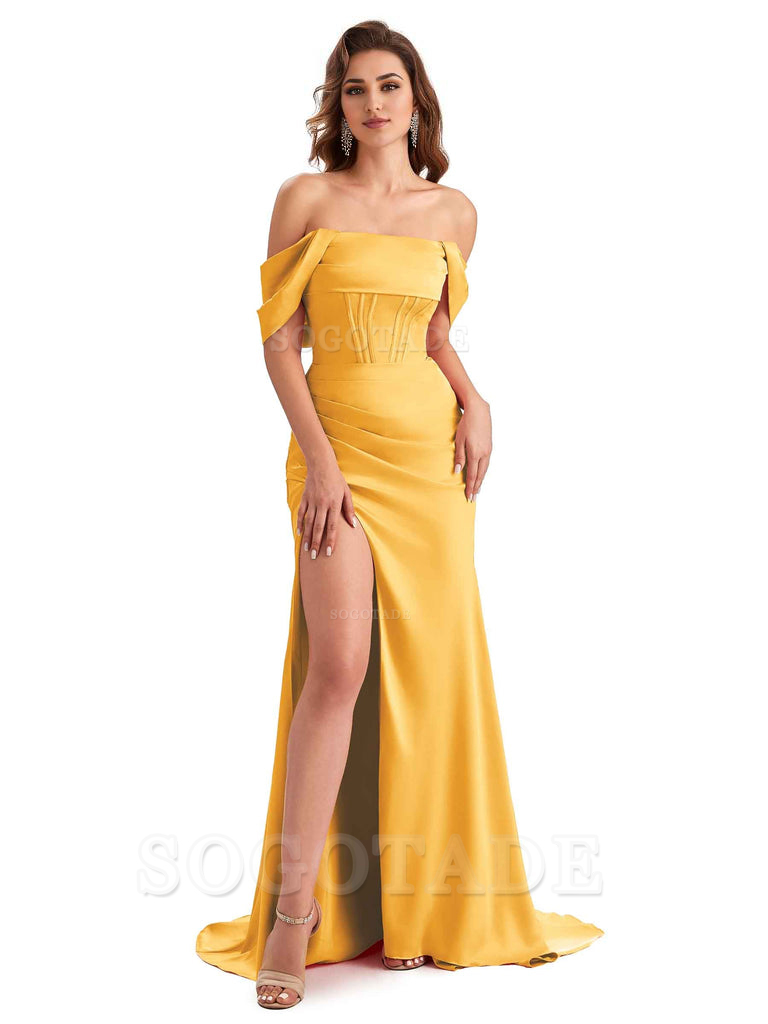 Sexy Side Slit Mermaid Soft Satin Off The Shoulder Unique Long Wedding Attendee Dresses