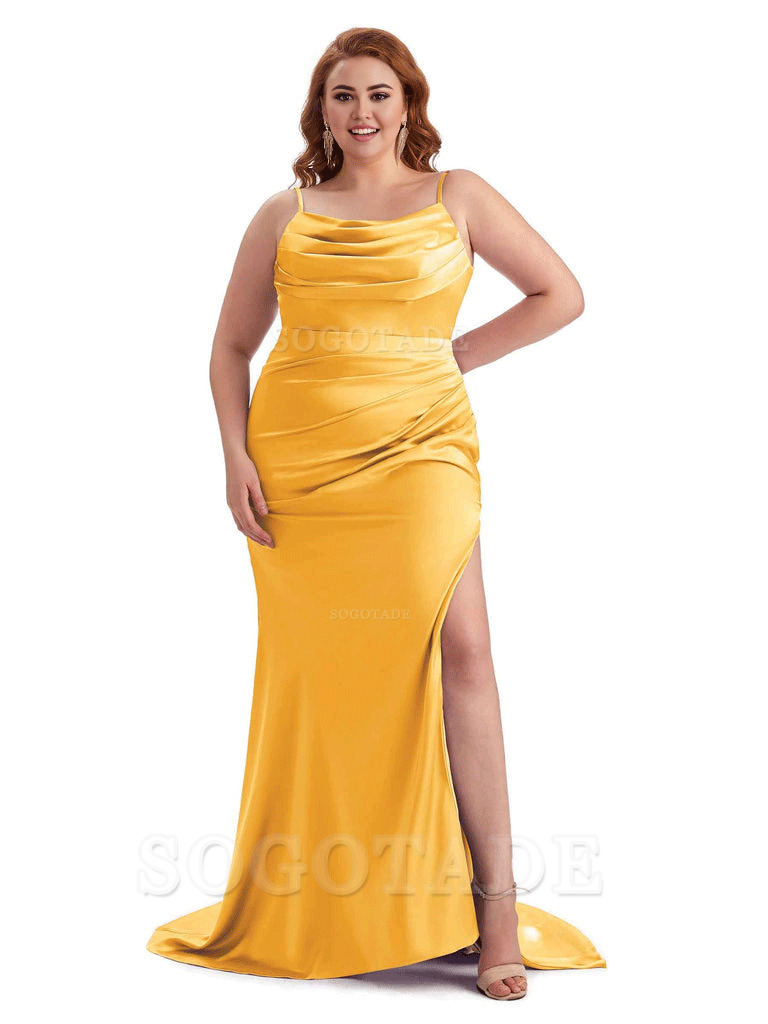 Sexy Jewel Side Slit Mermaid Soft Satin Long Plus Size Bridesmaid Dress For Wedding