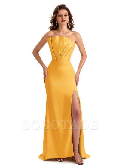 Unique Soft Satin Side Slit Asymmetrical Neckline Mermaid Long Bridesmaid Dresses