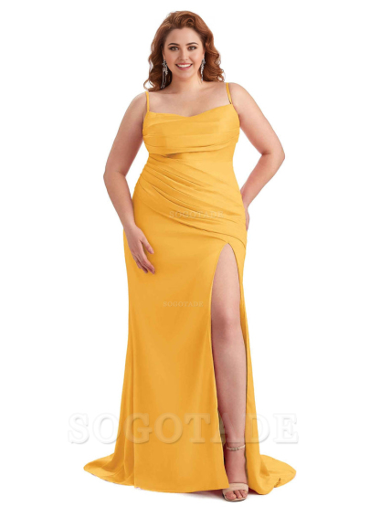 Sexy Side Slit Spaghetti Straps Mermaid Soft Satin Long Plus Size Bridesmaid Dress For Wedding