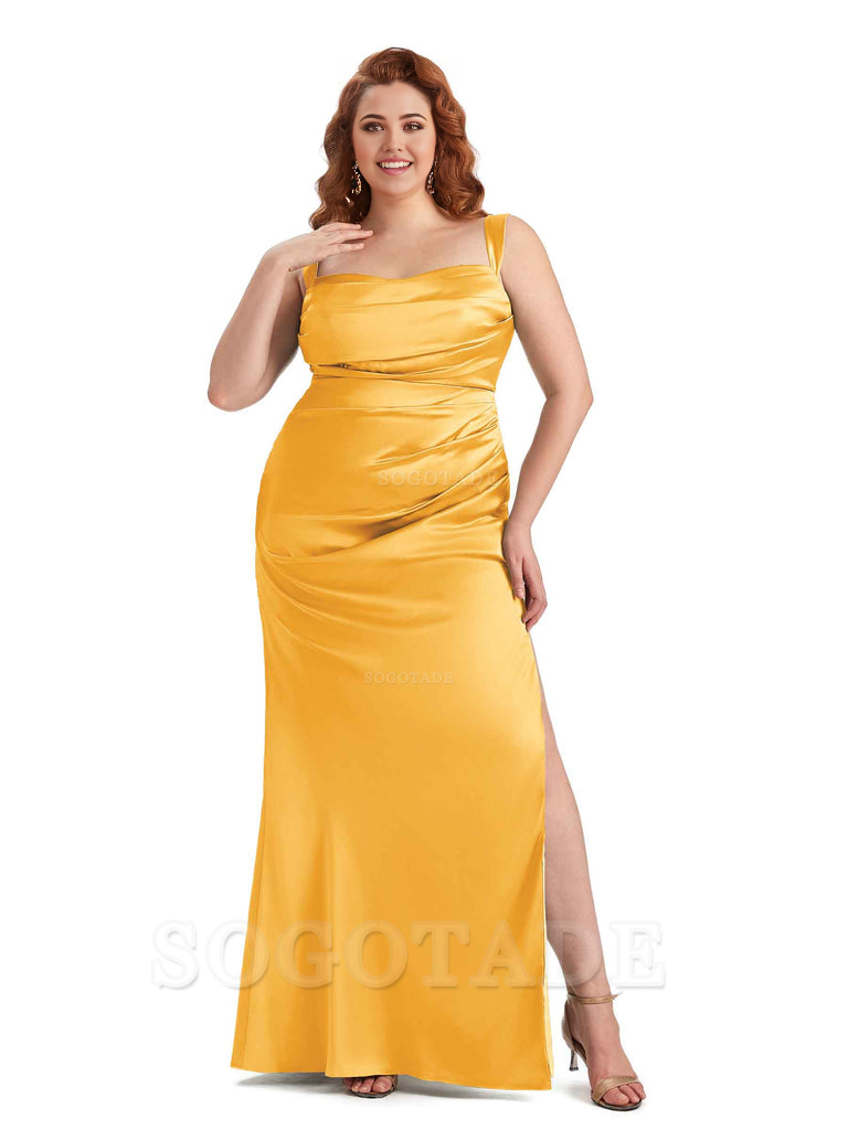 Sexy Side Slit Mermaid Wide Straps Soft Satin Long Plus Size Maid of Bridesmaid Dresses