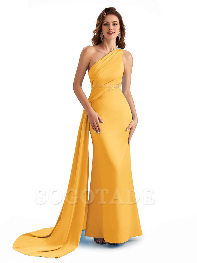 Sexy Mermaid Silky Satin One Shoulder Lace See Through Long Bridesmaid Dresses Online