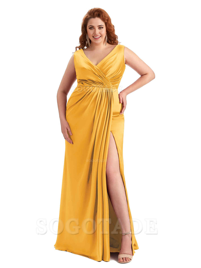 Mermaid V-Neck Satin formal dresses evening gown Bridesmaid Dresses With Side Slit 