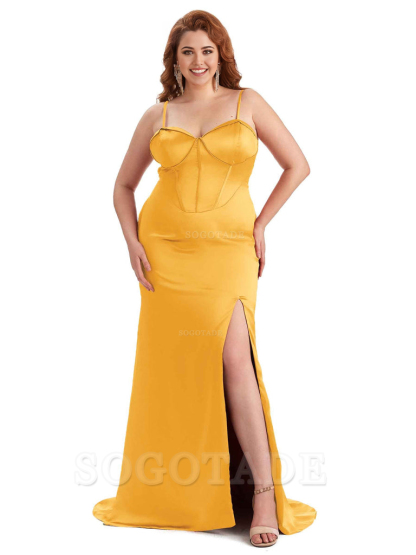 Sexy Spaghetti Straps Side Slit Sleeveless Mermaid Soft Satin Long Bridesmaid Dress Plus Size Dress To Wear to a Wedding