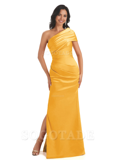 Mermaid One Shoulder Satin Long formal dresses evening gown Bridesmaid Dresses With Side Slit 