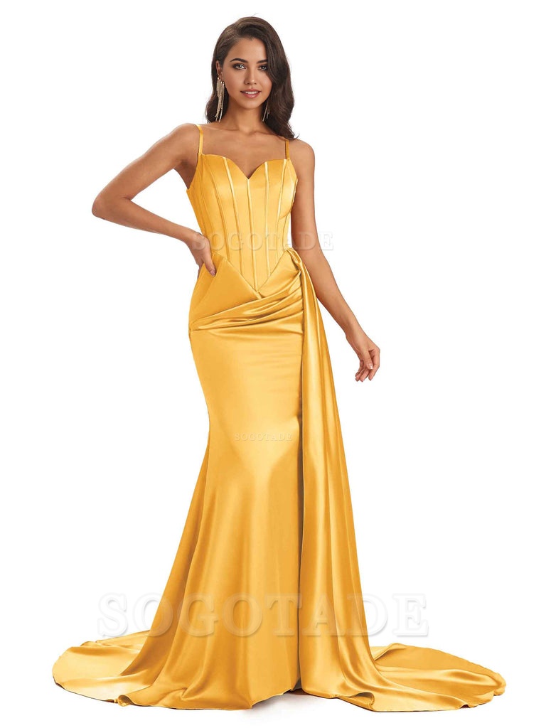 Sheath Spaghetti Satin Straps Floor-Length formal dresses evening gown Bridesmaid Dresses