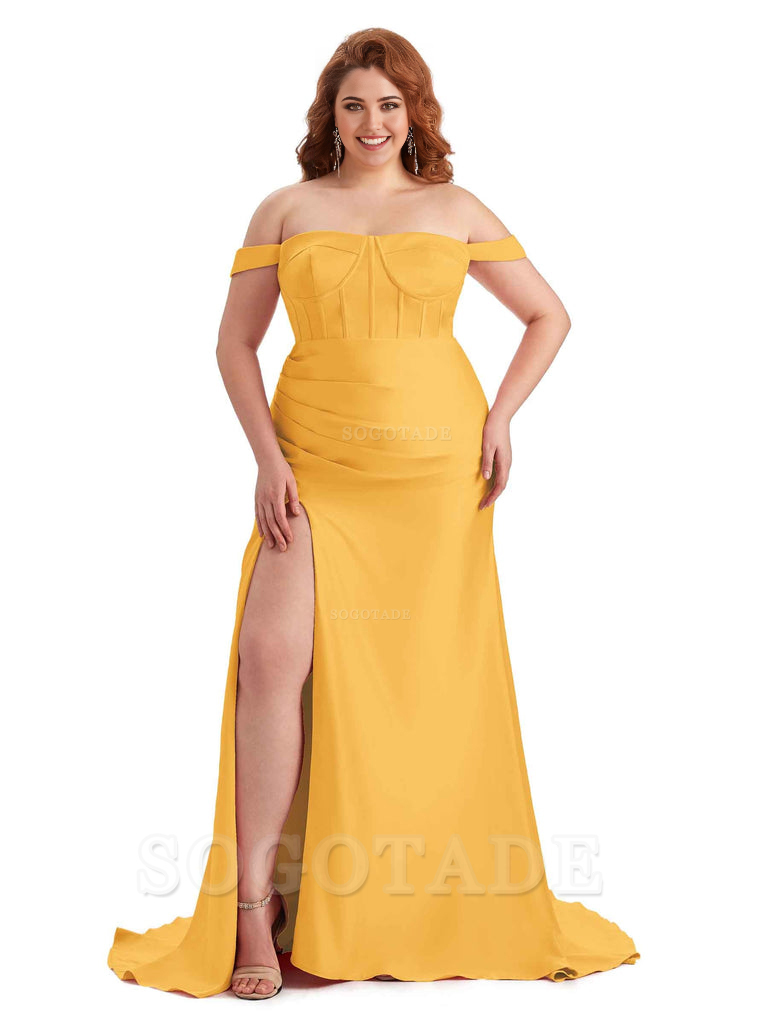 Elegant Off The Shoulder Side Slit Mermaid Soft Satin Floor Length Long Plus Size Bridesmaid Gowns