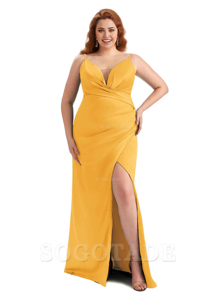 Sexy Side Slit Spaghetti Straps Sleeveless Mermaid V-neck Soft Satin Long Plus Size Bridesmaid Dress For Wedding
